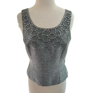 Tahari Luxe Beaded Silver Crop Top Size 8 Grey Cropped Sleeveless Crew Neck